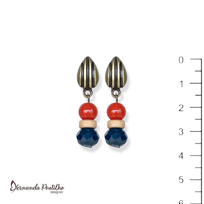 Brinco bola, disquinho e cristal - marinho, bege e terracota 12606