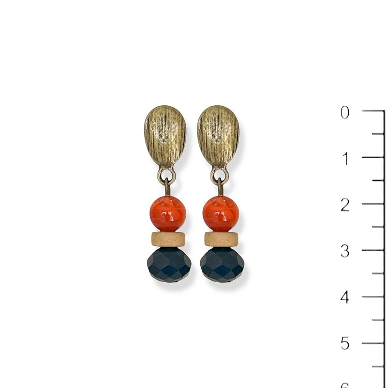 Brinco bola, disquinho e cristal - marinho, bege e terracota 12606