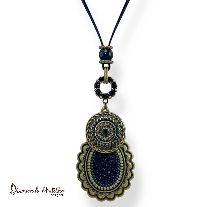 Colar longo c/ cordão e pingentes de metal c/ strass e cascalho - azul marinho 12613