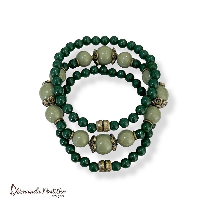 Kit c/ 3 pulseiras de bolas verde sálvia 12626