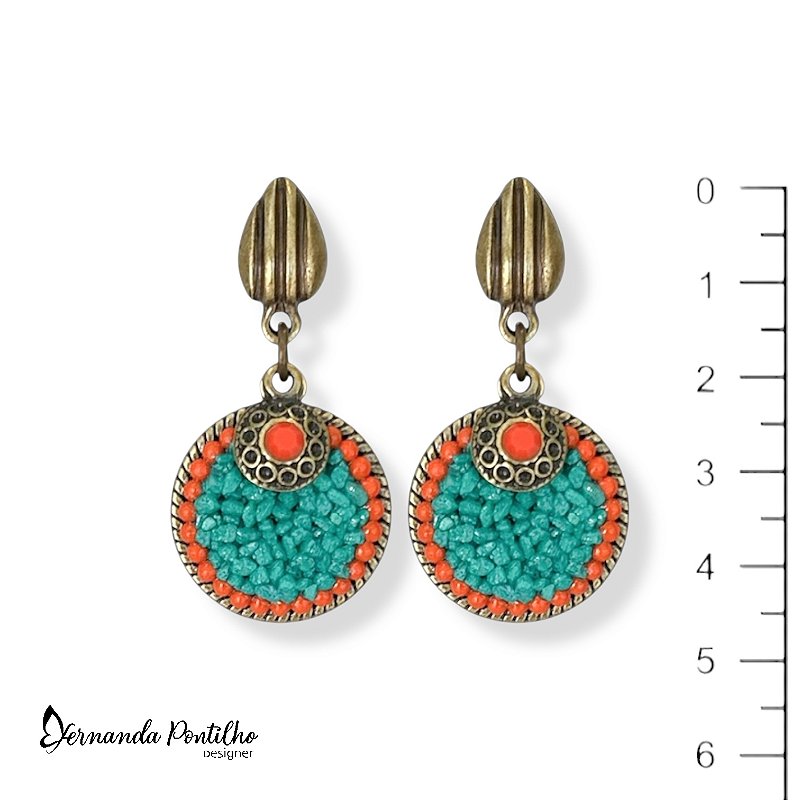 Brinco chapa c/ cascalho e pto de luz - coral e turquesa 12615
