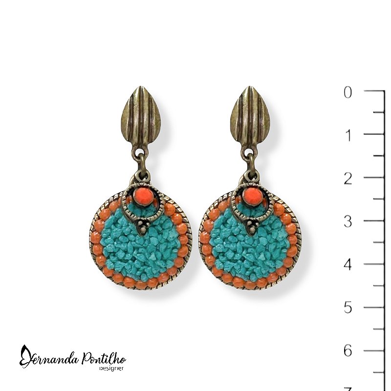 Brinco chapa c/ cascalho e pto de luz - coral e turquesa 12615