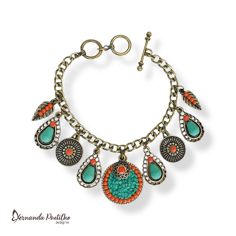 Pulseira c/ berloques, strass e cascalho - coral e turquesa 12614