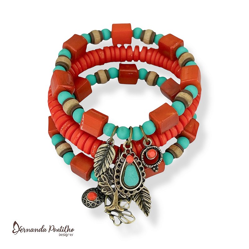 Kit c/ 3 pulseiras de resina, madeira e berloques - coral e turquesa 12611