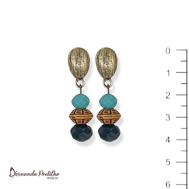 Brinco c/ cristais e entremeios - marinho, turquesa e caramelo 12628