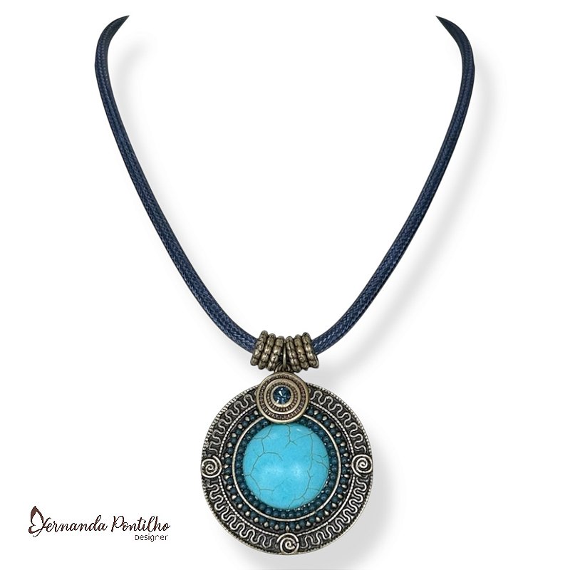 Colar curto cordão e mandala c/ pedra natural - marinho e turquesa 12637