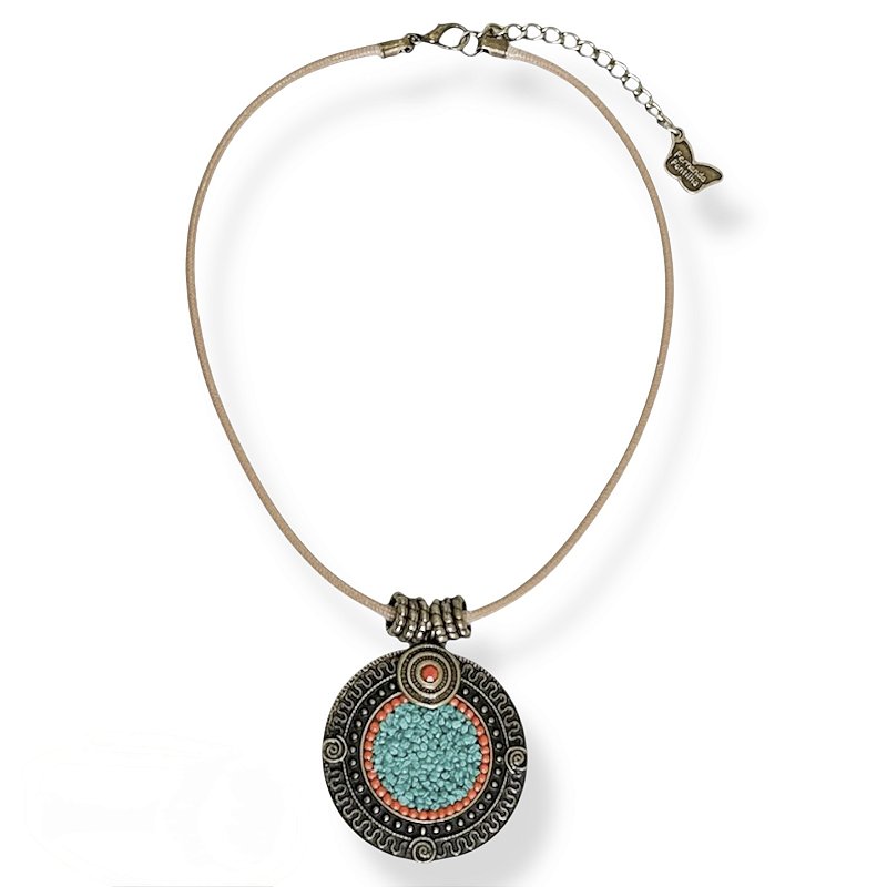 Colar curto cordão e mandala c/ cascalho - coral e turquesa 12638