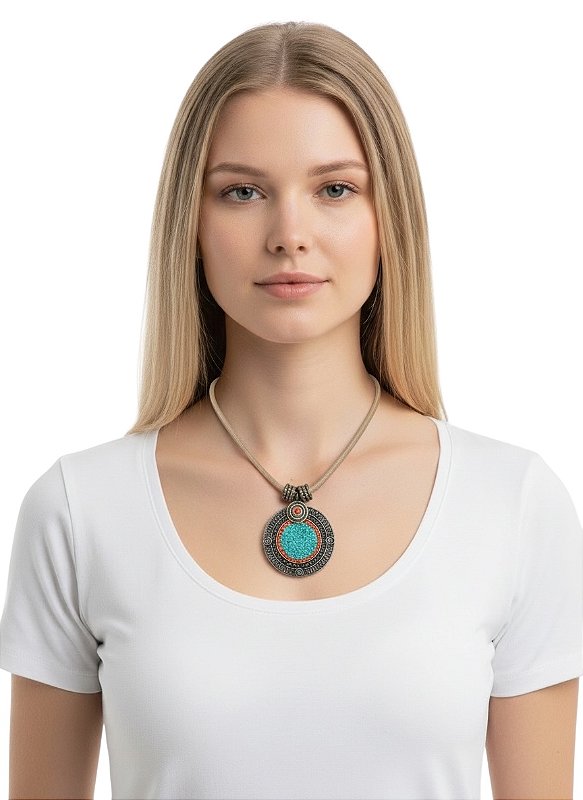 Colar curto cordão e mandala c/ cascalho - coral e turquesa 12638