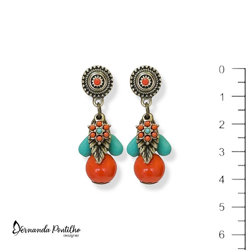 Brinco de cachinho - coral e turquesa 12642