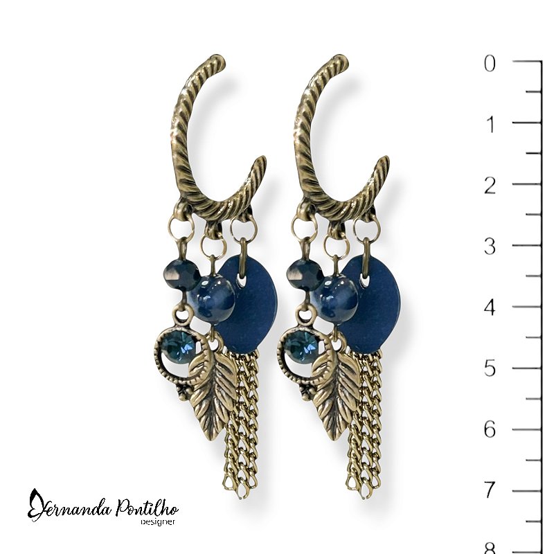 Brinco argola c/ berloques, strass e correntes - azul marinho 12644