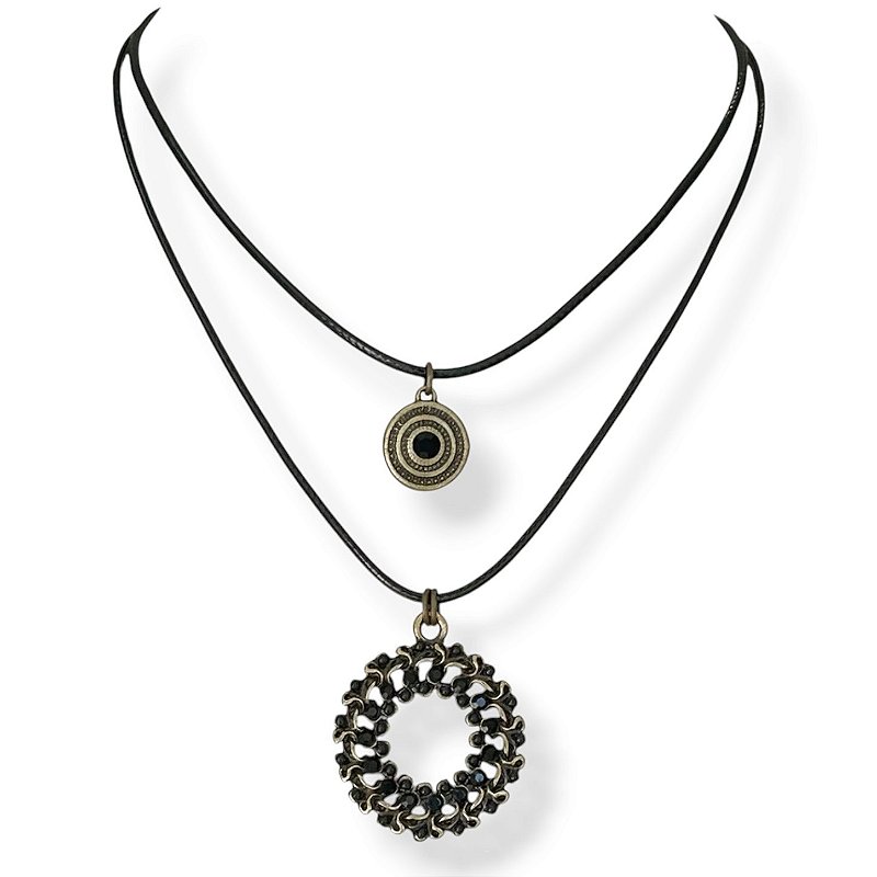 Colar curto 2 voltas de cordão e mandalas c/ strass - preto 12647