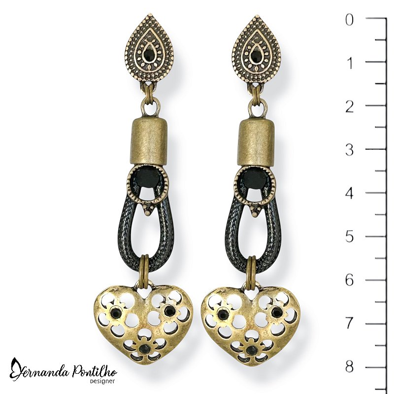 Brinco c/ gota de cordão, pto de luz e coração c/ strass - preto 12657