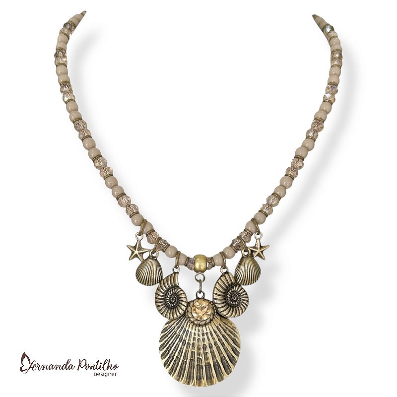 Colar curto c/ cristais e berloques fundo do mar - nude e dourado 12669