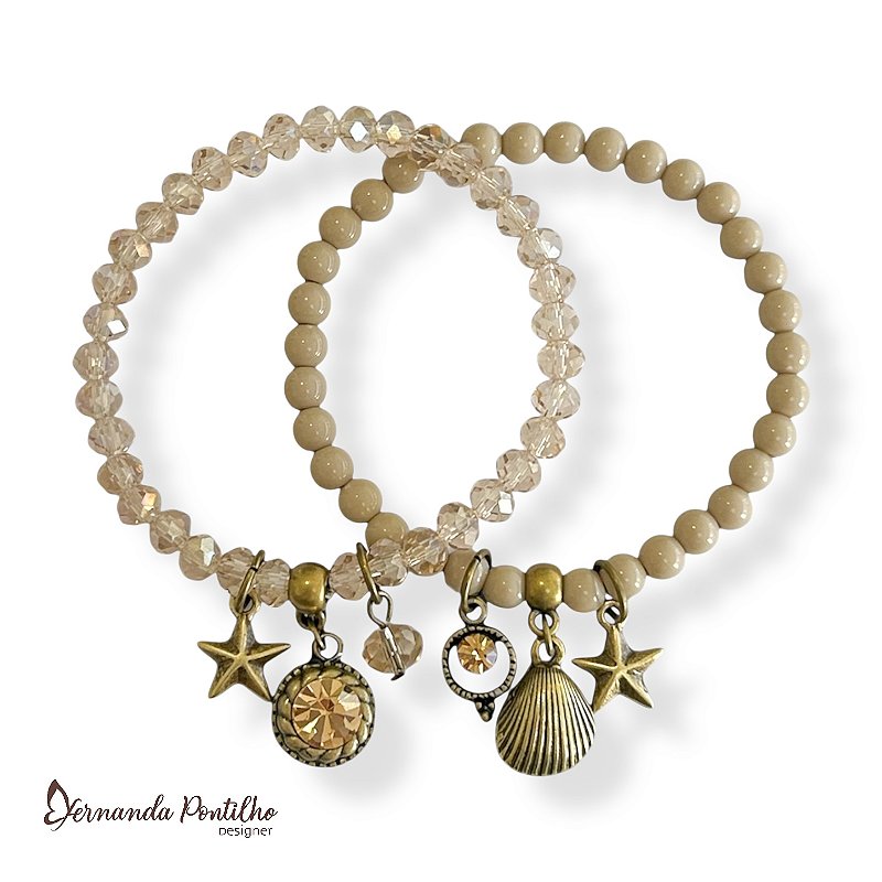 Kit c/ 2 pulseiras de bolas, cristais e berloques fundo do mar - nude e dourado 12670
