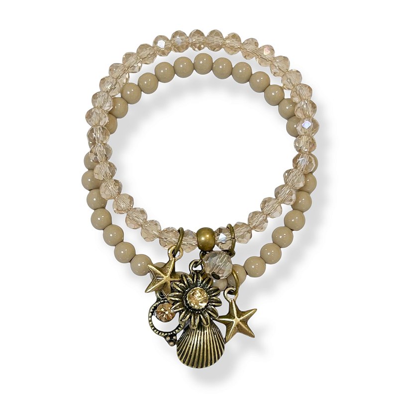Kit c/ 2 pulseiras de bolas, cristais e berloques fundo do mar - nude e dourado 12670