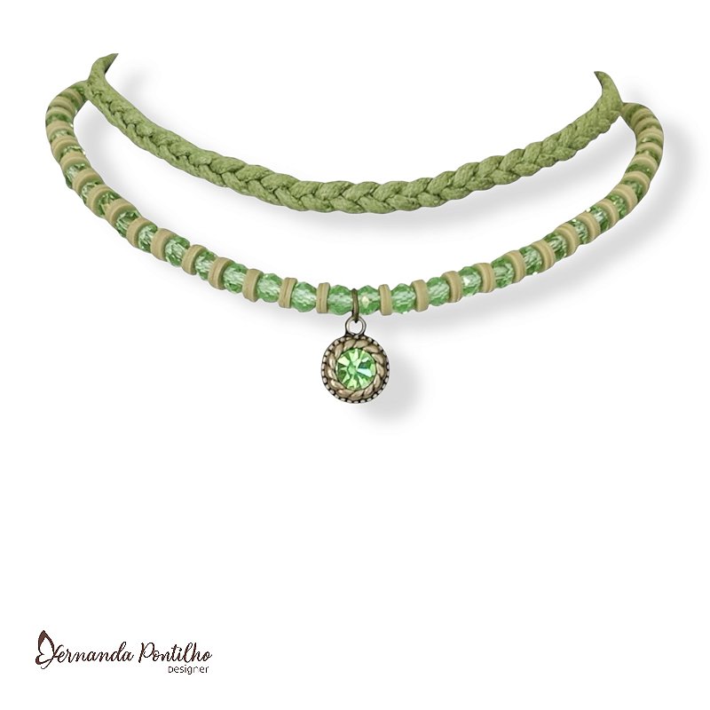 Choker 2 voltas c/ trança de cordão, cristais e pto de luz - verde 12672