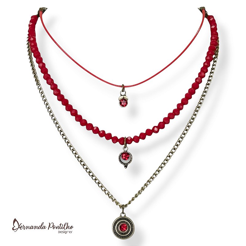 Colar curto 3 voltas vermelho 12690