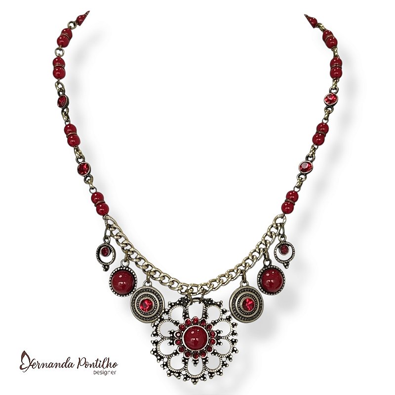 Colar curto c/ flor, berloques e strass - vermelho 12662