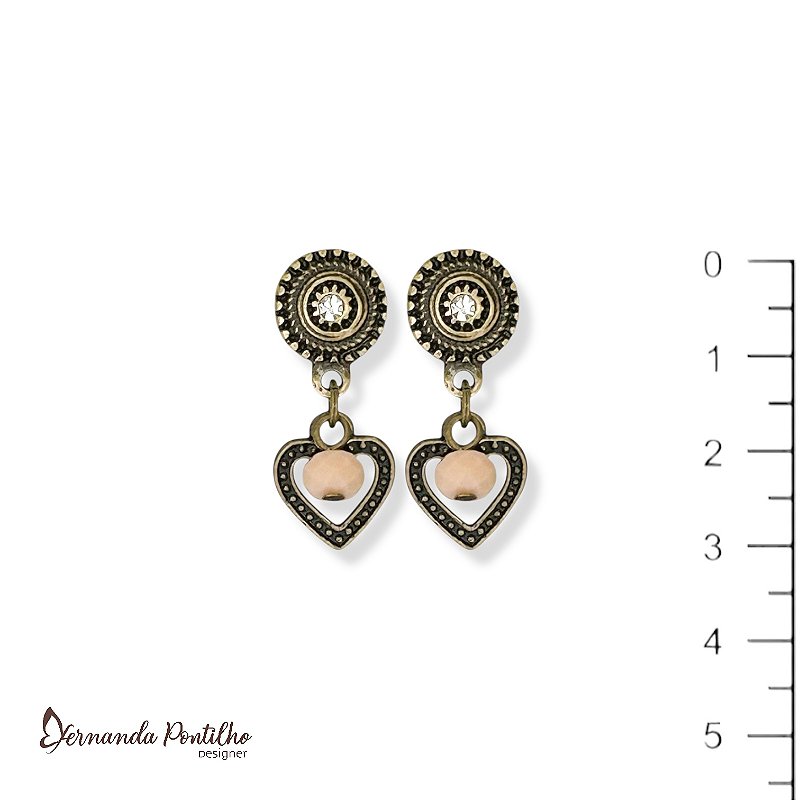 Brinco coração c/ cristal rosa empoeirado 12694