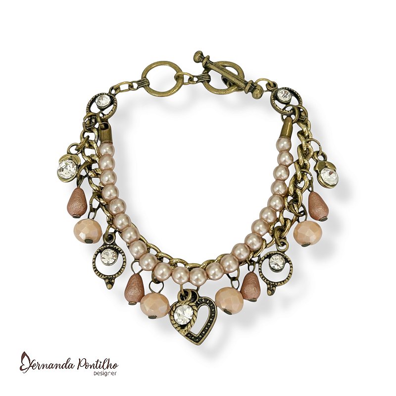 Pulseira 2 voltas c/ pérolas, cristais, berloques e ptos de luz - rosa empoeirado 12693