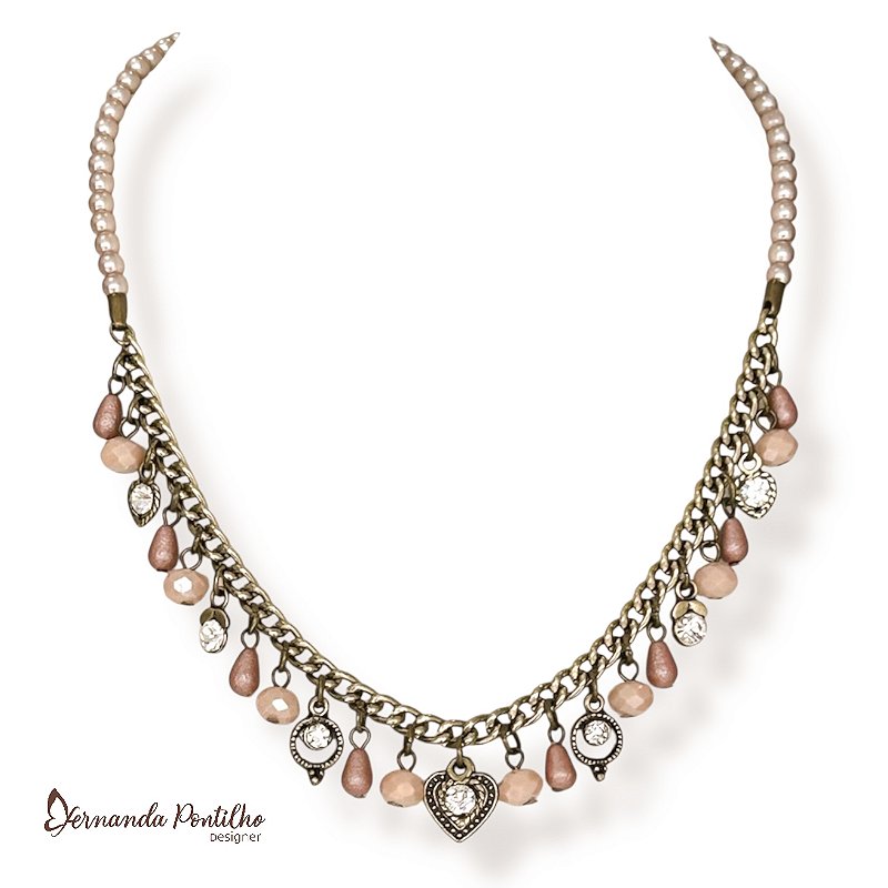 Colar curto c/ pérolas, cristais, berloques e ptos de luz - rosa empoeirado 12692