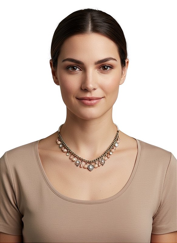 Colar curto, pérolas, cristais, berloques e ptos de luz - Rosa empoeirado 12692