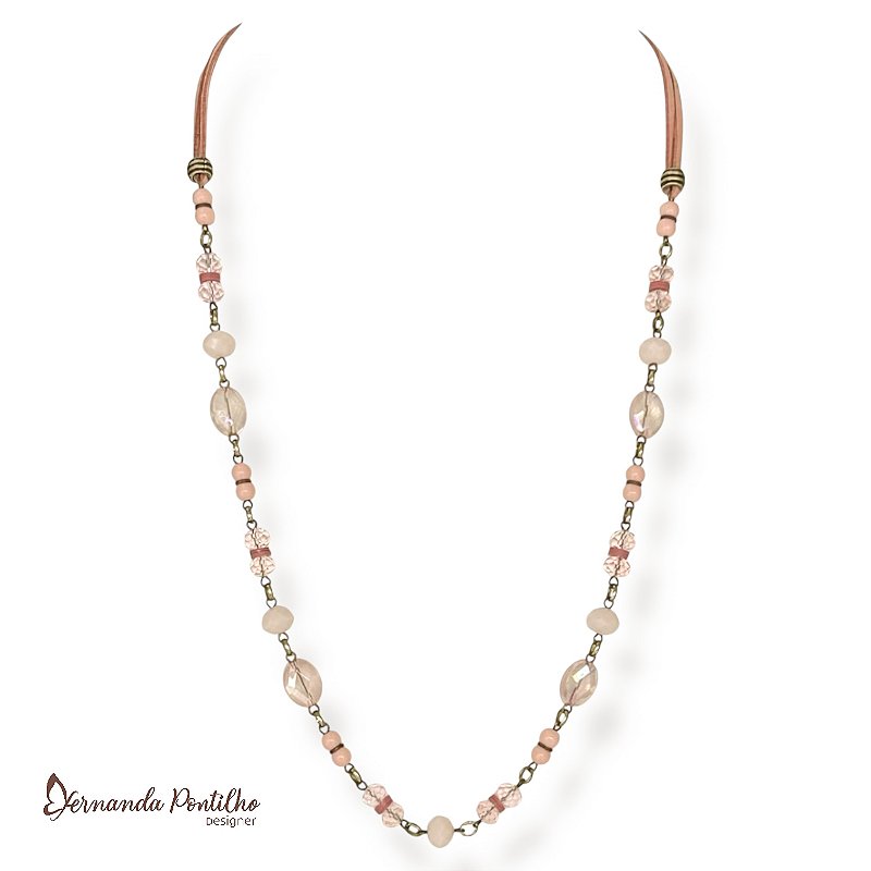 Colar médio c/ cordão, cristais e contas - rosa empoeirado 12699