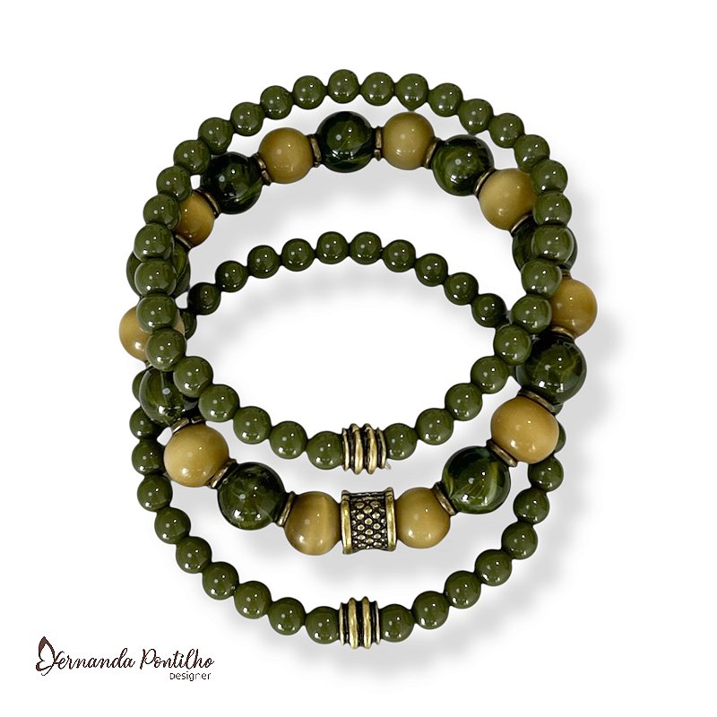 Kit c/ 3 pulseiras de bolas verde oliva 12702