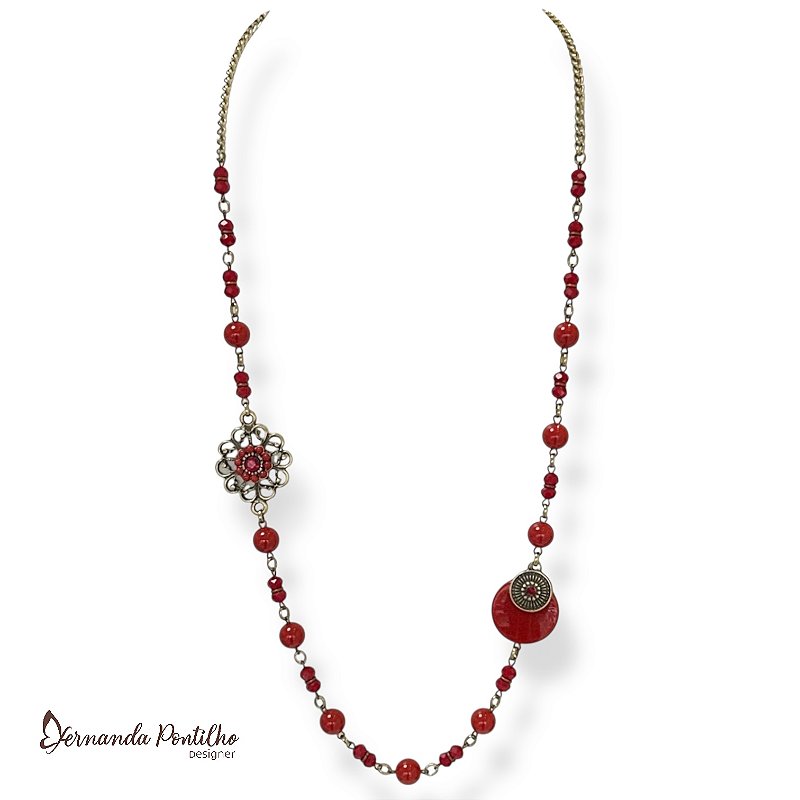 Colar longuete c/ cristais, resinas e flor lateral - vermelho 12719