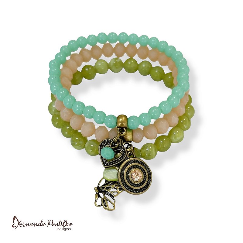 Kit c/ 3 pulseiras de bolas, cristais e berloques - candy color 12712
