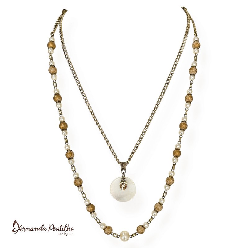 Colar médio 2 voltas c/ bolas, ping. de madrepérola e pto de luz - branco, pérola e dourado 12697