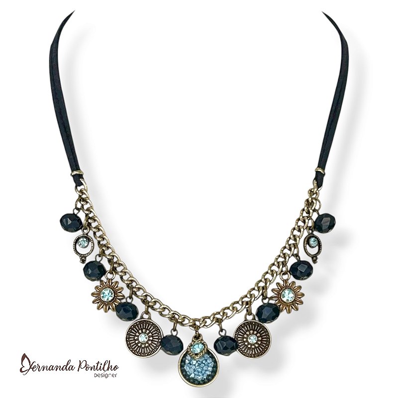 Colar curto c/ cordão, berloques e cristais - azul marinho e aquamarine 12722