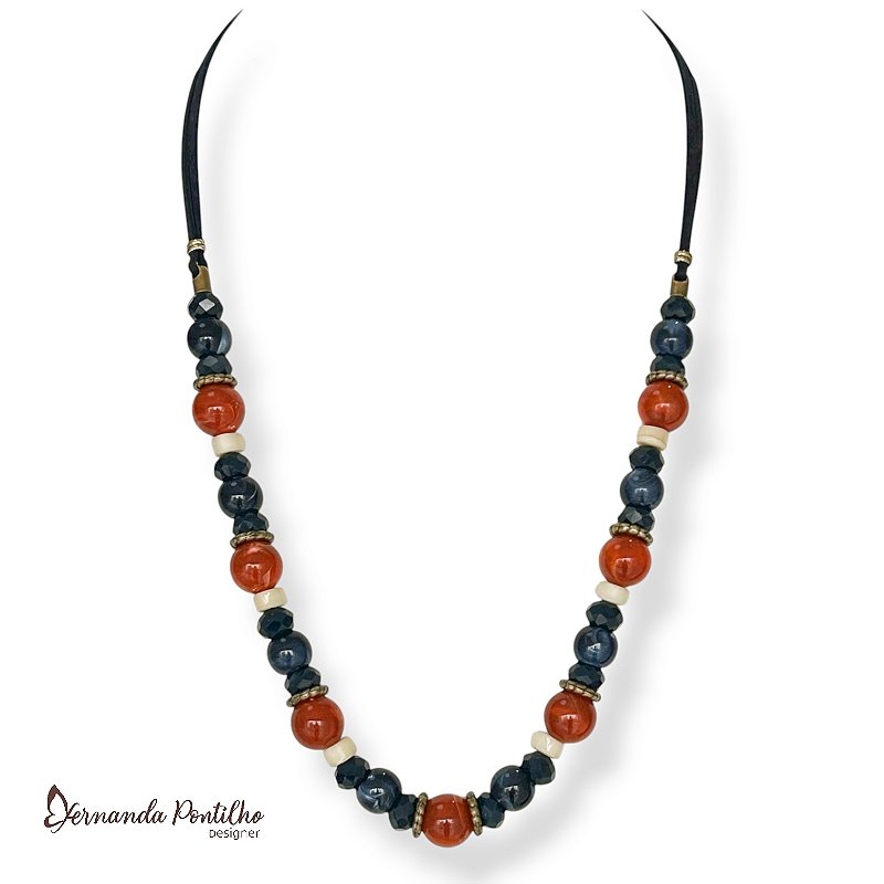 Colar médio c/ cordão, bolas e cristais - marinho, off e terracota 12713