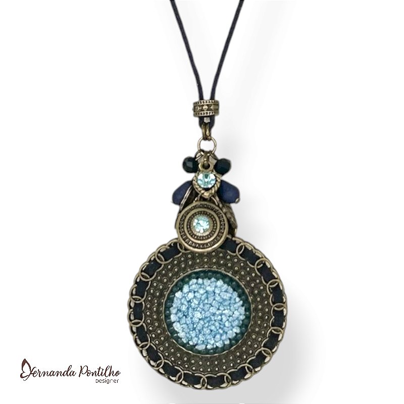 Colar longo c/ cordão, cachinho e mandala customizada - azul marinho e aquamarine 12720