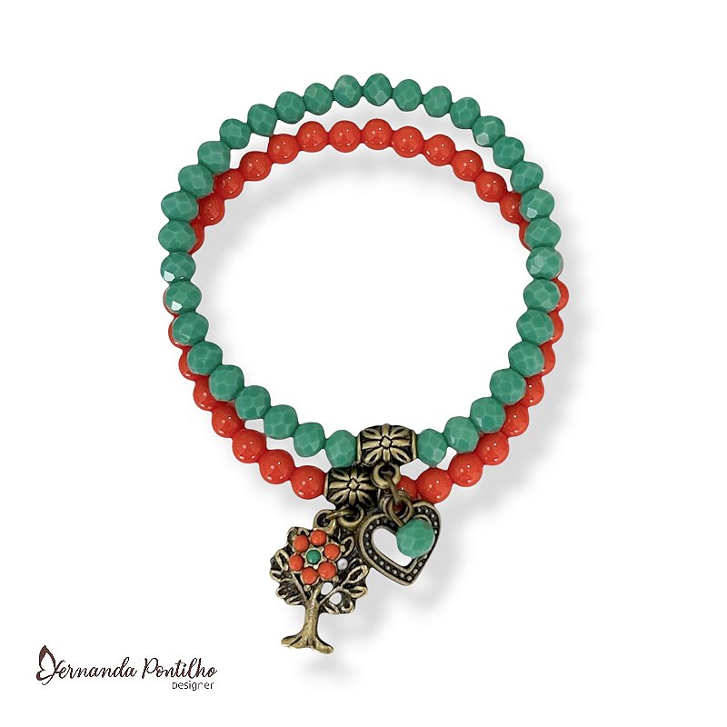 Kit 2 pulseiras de cristais, bolas e berloques - coral e turquesa 12717