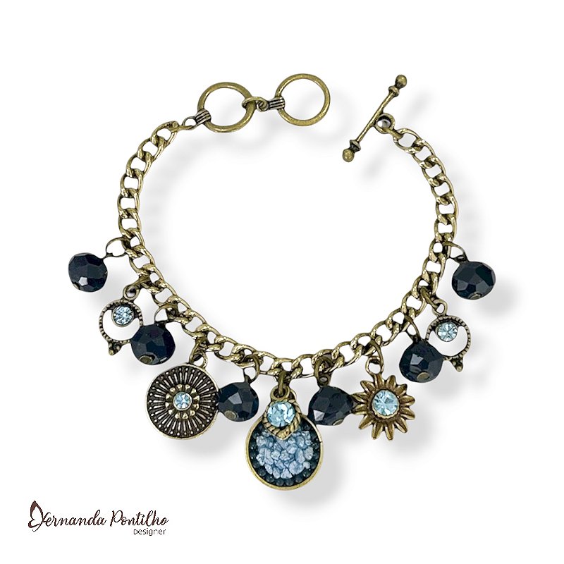 Pulseira c/ cristais e berloques - azul marinho e aquamarine 12723