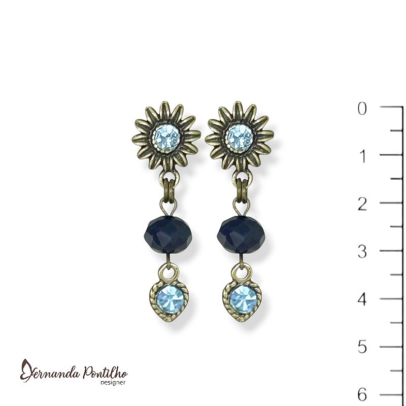 Brinco flor, cristal e coração - azul marinho e aquamarine 12721
