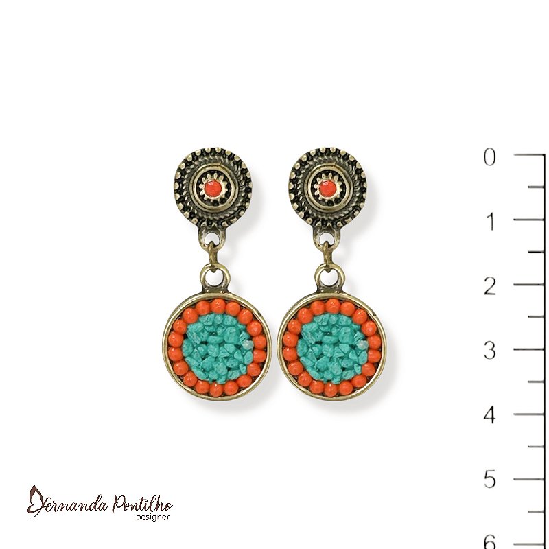Brinco chapinha c/ cascalho - coral e turquesa 11529
