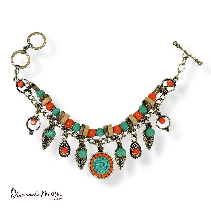 Pulseira 2 voltas c/ contas e berloques - coral e turquesa 12728