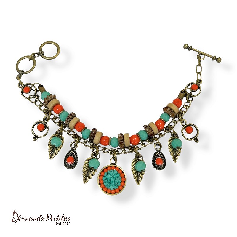 Pulseira 2 voltas c/ contas e berloques - coral e turquesa 12728