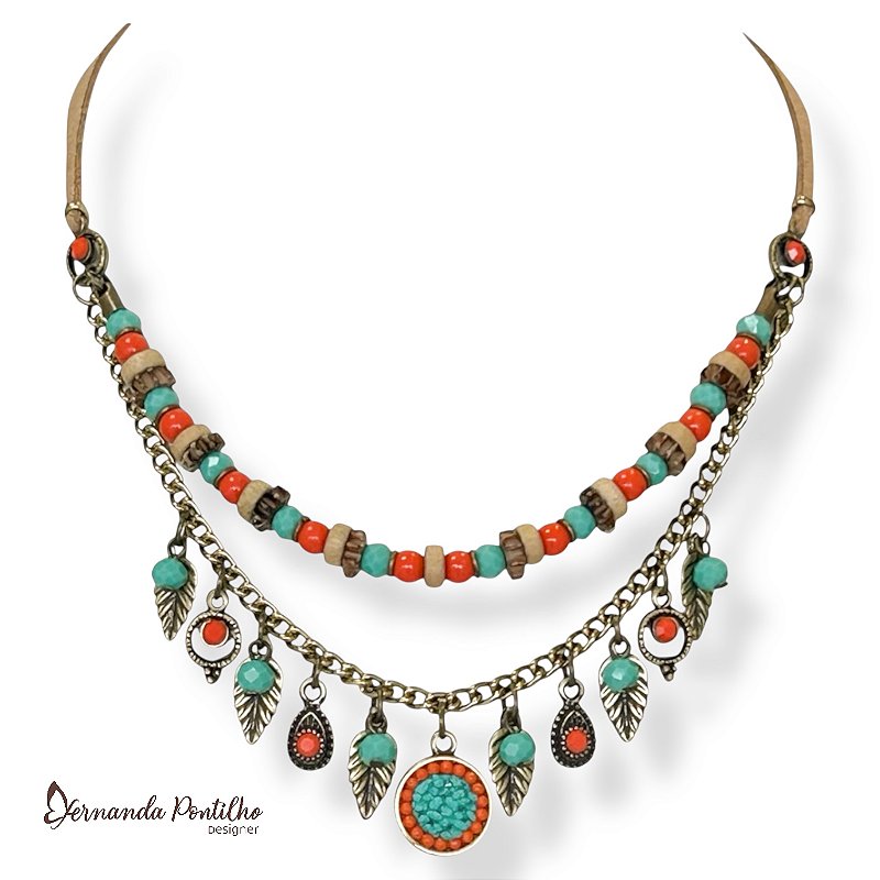 Colar curto 2 voltas c/ contas e berloques - coral e turquesa 12729