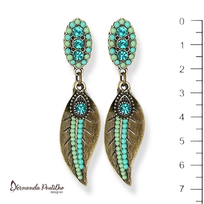 Brinco folha customizada turquesa 12733