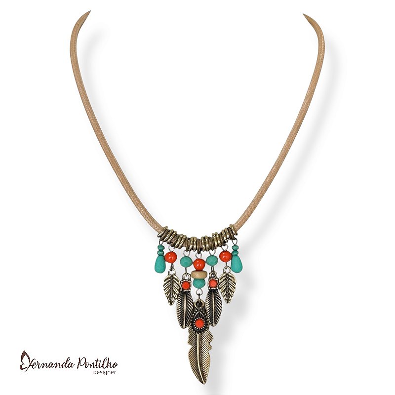 Colar curto c/ cordão, cristais, contas e folhinhas - coral e turquesa 12766