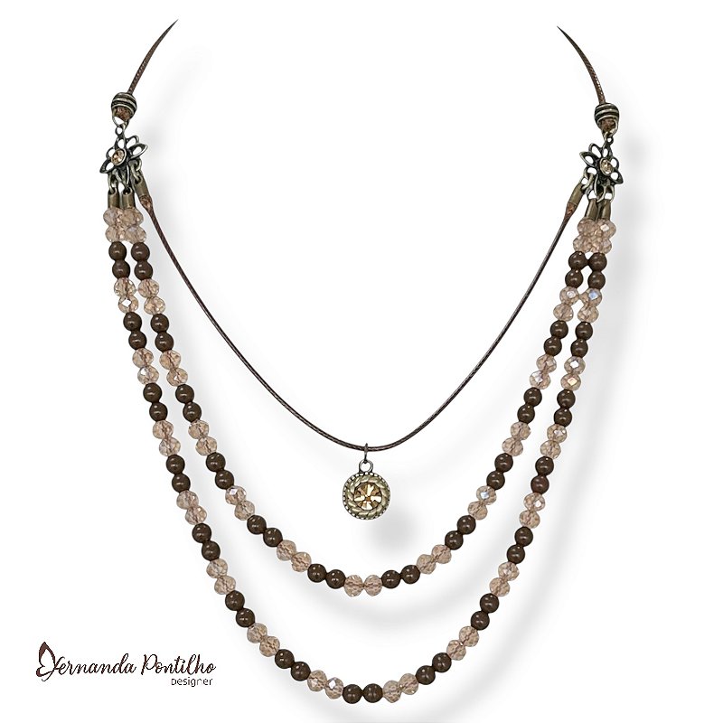 Colar curto 3 voltas c/ cordão, cristais, bolas e pto de luz - marrom 12762