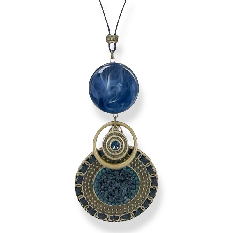 Colar longo de cordão ajustável c/ pedra de resina e mandala c/ cascalho - azul marinho 12764