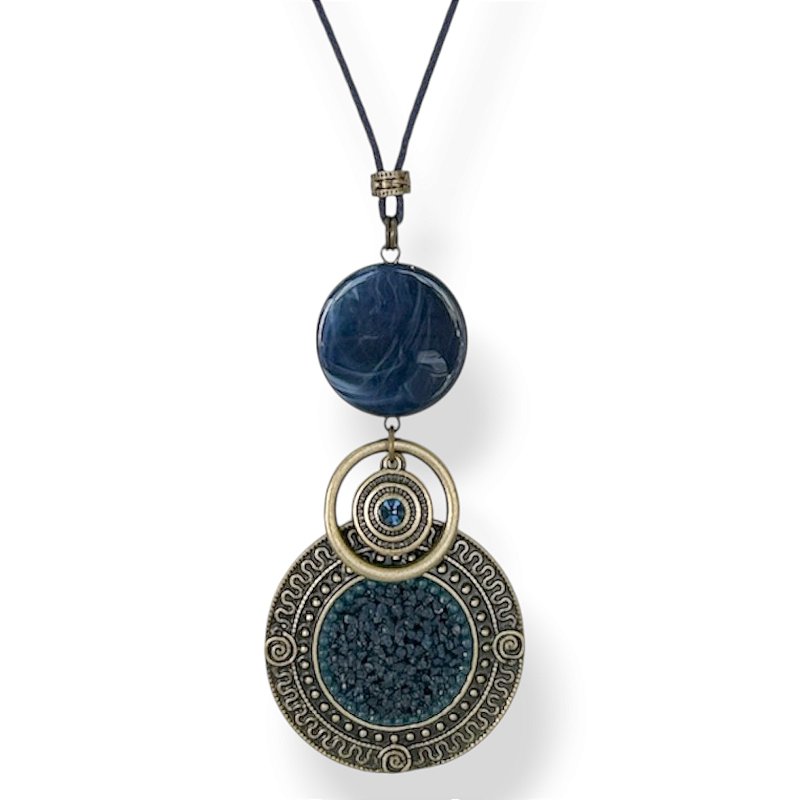 Colar longo de cordão ajustável c/ pedra de resina e mandala c/ cascalho - azul marinho 12764