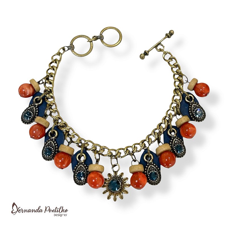 Pulseira c/ berloques e strass - marinho, bege e terracota 12738