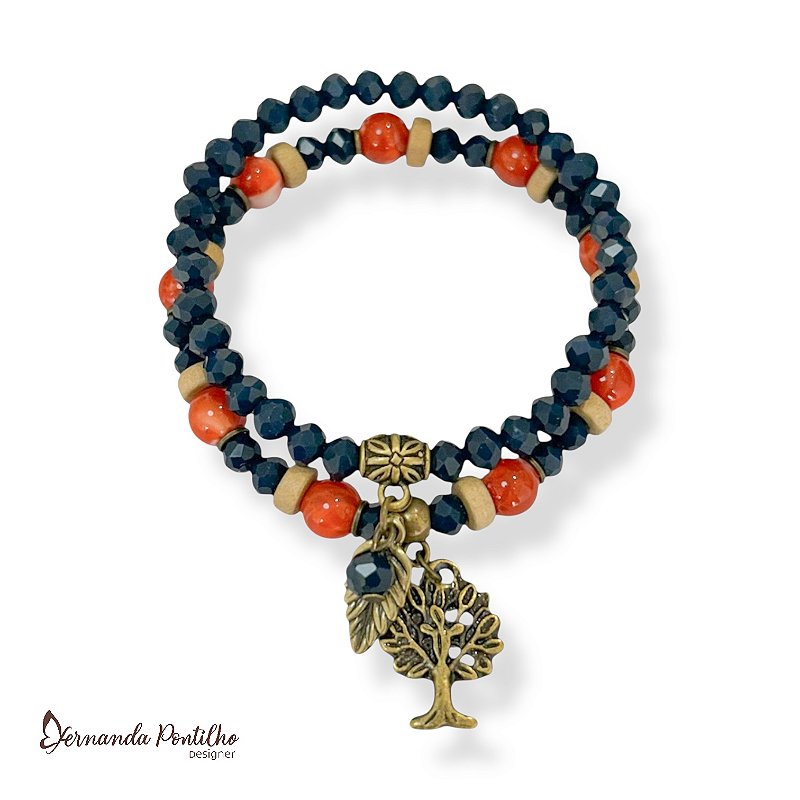 Kit c/ 2 pulseiras de cristais, contas e berloques - marinho, bege e terracota 12726