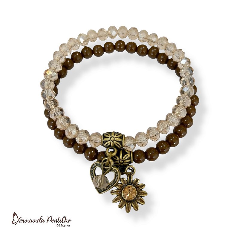 Kit c/ 2 pulseiras de bolas, cristais e berloques - Marrom 12763