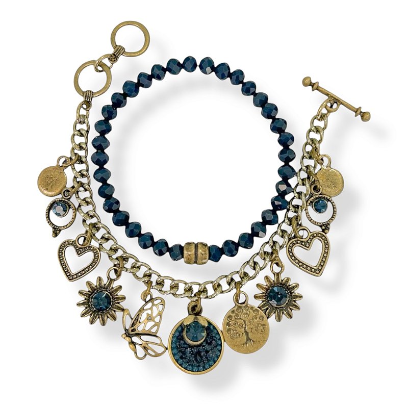 Kit c/ 2 pulseiras de cristais e berloques - azul marinho 12795